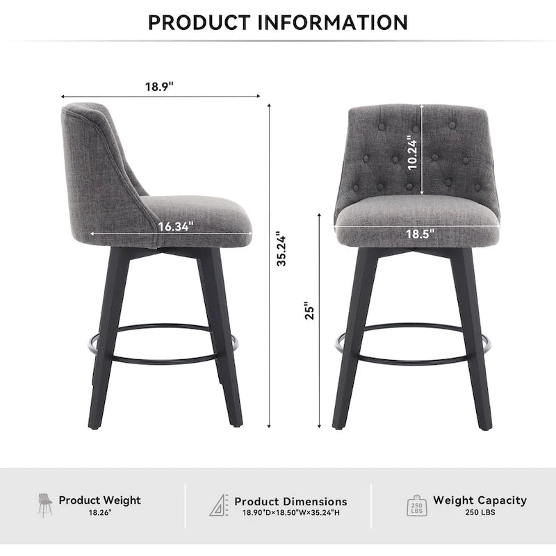 Tabouret de bar pivotant moderne en lin avec dossier capitonné et structure en bois massif