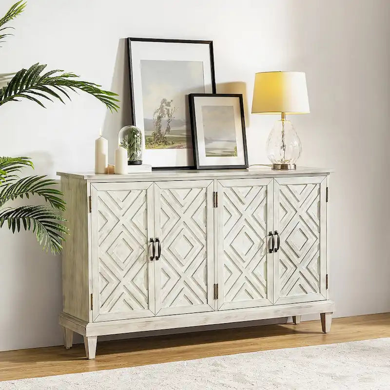 Buffet de rangement traditionnel patiné avec étagères réglables