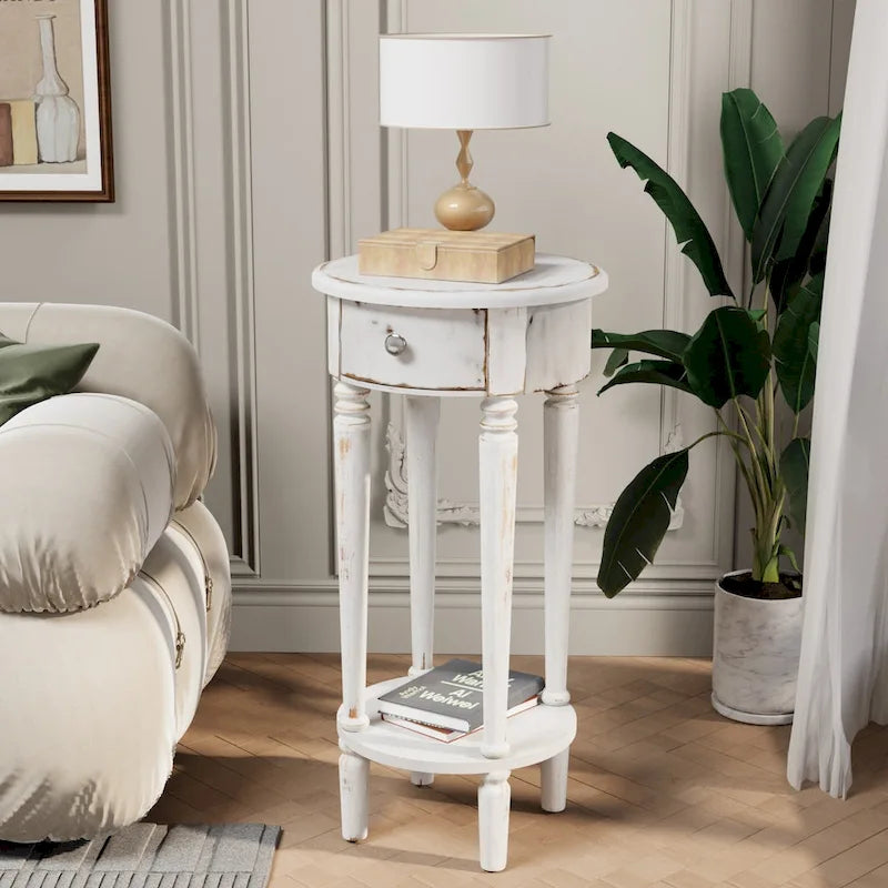 Table d'appoint ronde haute vieillie pour téléphone, blanche