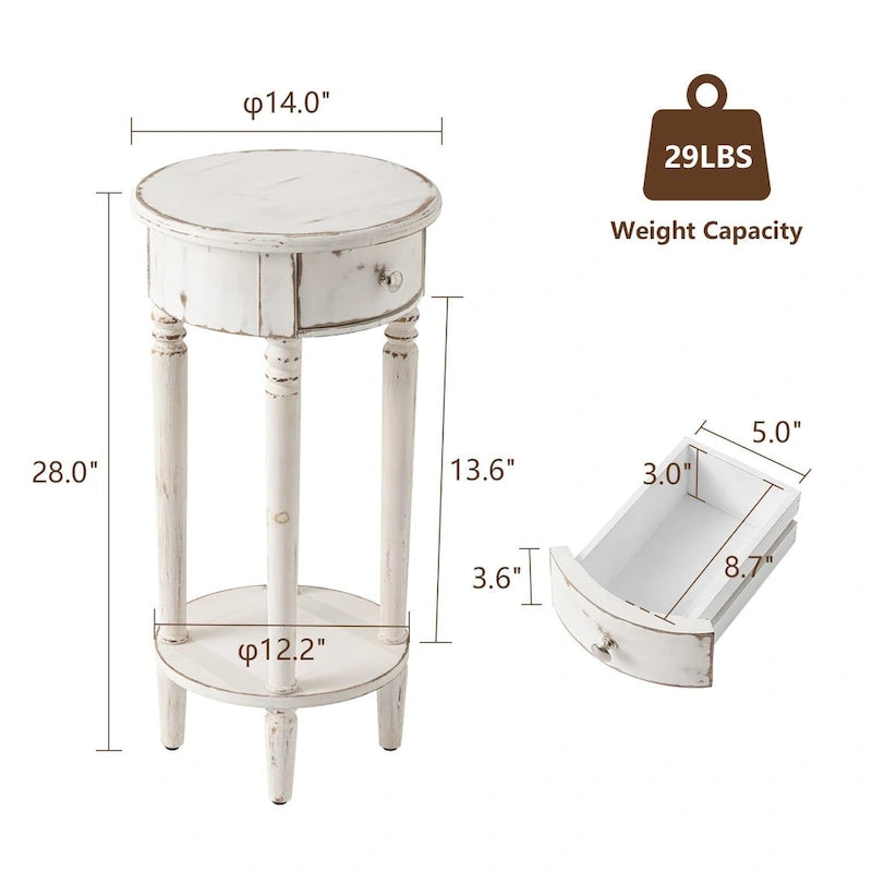 Table d'appoint ronde haute vieillie pour téléphone, blanche