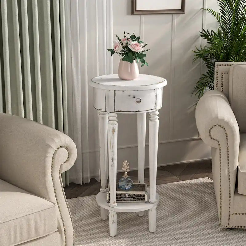 Table d'appoint ronde haute vieillie pour téléphone, blanche