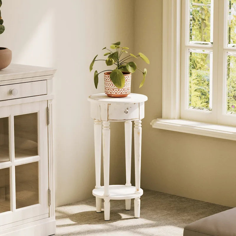 Table d'appoint ronde haute vieillie pour téléphone, blanche