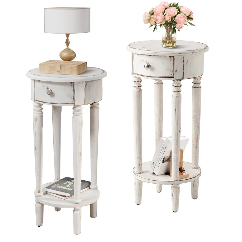 Table d'appoint ronde haute vieillie pour téléphone, blanche