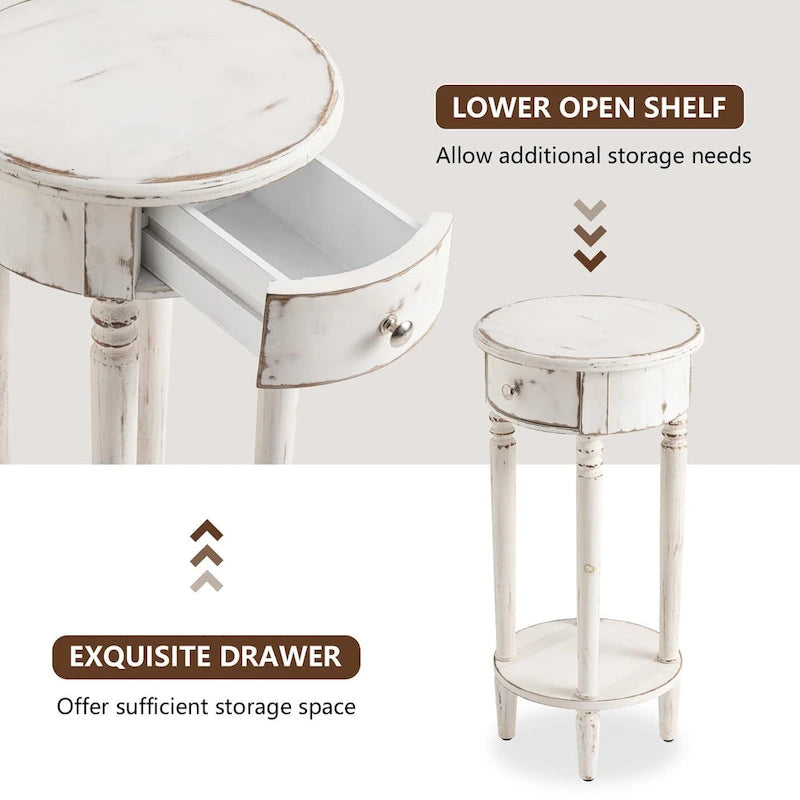 Table d'appoint ronde haute vieillie pour téléphone, blanche