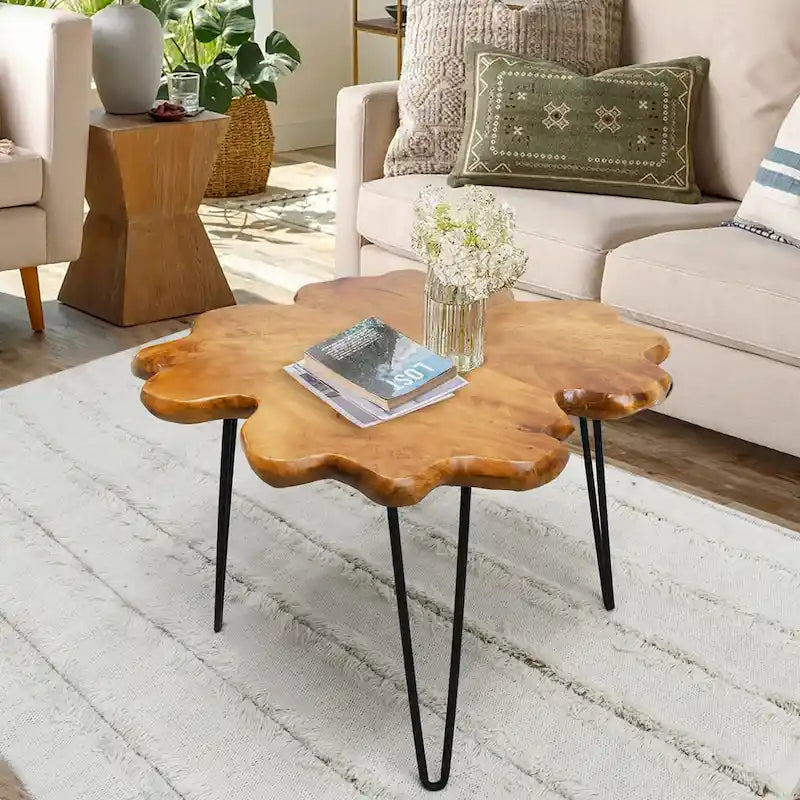 Table basse en bois massif (Live Edge) avec pieds épingle