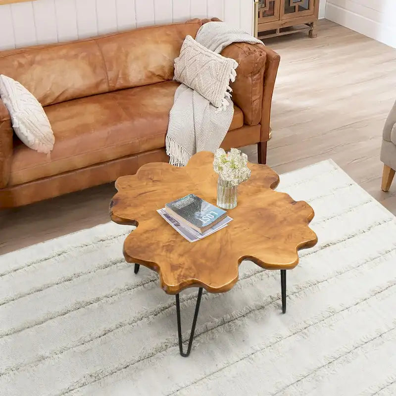 Table basse en bois massif (Live Edge) avec pieds épingle