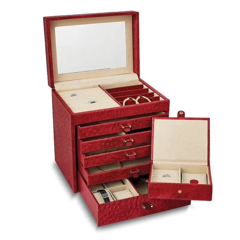 Coffret à bijoux en cuir texture autruche rouge, doublure ultra-suède, avec étui de voyage amovible