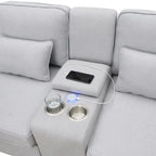 [VIDÉO fournie] [Nouveau] Canapé rembourré 114.2 avec console, 2 porte-gobelets et 2 ports USB avec recharge filaire ou sans fil, style moderne Li