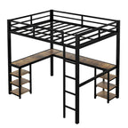 Lit mezzanine en métal avec bureau et étagères, lit mezzanine avec échelle et balustrades, cadre de lit mezzanine pour chambre, noir