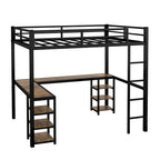 Lit mezzanine en métal avec bureau et étagères, lit mezzanine avec échelle et balustrades, cadre de lit mezzanine pour chambre, noir