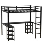 Lit mezzanine en métal avec bureau et étagères, lit mezzanine avec échelle et balustrades, cadre de lit mezzanine pour chambre, noir
