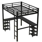 Lit mezzanine en métal avec bureau et étagères, lit mezzanine avec échelle et balustrades, cadre de lit mezzanine pour chambre, noir
