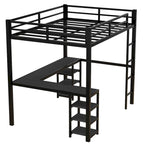 Lit mezzanine en métal avec bureau et étagères, lit mezzanine avec échelle et balustrades, cadre de lit mezzanine pour chambre, noir