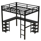Lit mezzanine en métal avec bureau et étagères, lit mezzanine avec échelle et balustrades, cadre de lit mezzanine pour chambre, noir