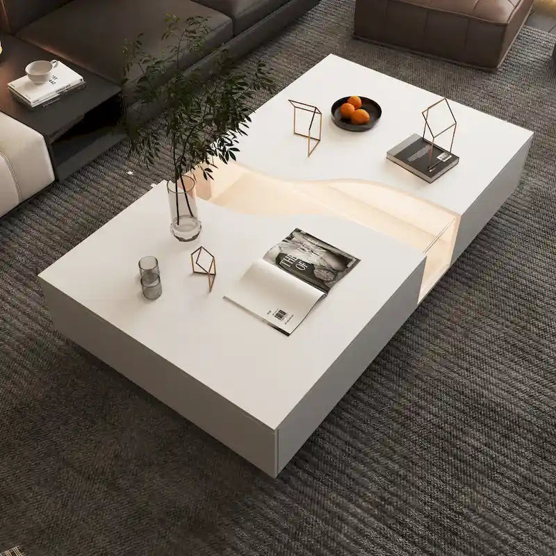 Storage Masterpiece Contemporary White Coffee Table Colorful LED Edge - 55.1W