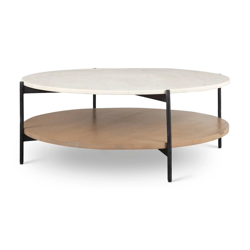 Table basse ronde Larkin à deux niveaux avec plateau en marbre blanc et bois massif