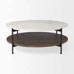 Table basse ronde Larkin à deux niveaux avec plateau en marbre blanc et bois massif