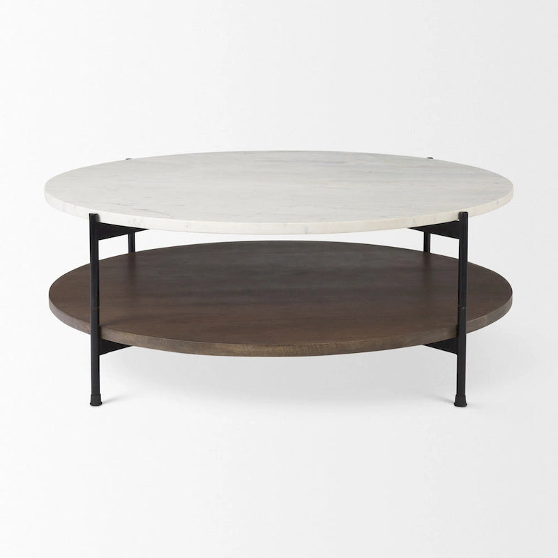 Table basse ronde Larkin à deux niveaux avec plateau en marbre blanc et bois massif