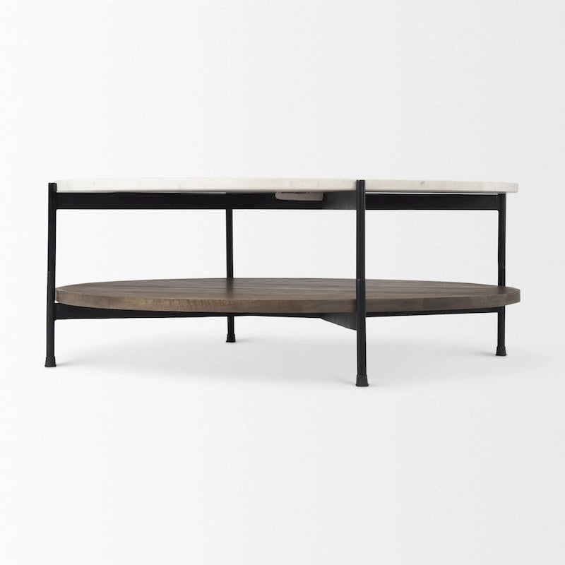 Table basse ronde Larkin à deux niveaux avec plateau en marbre blanc et bois massif