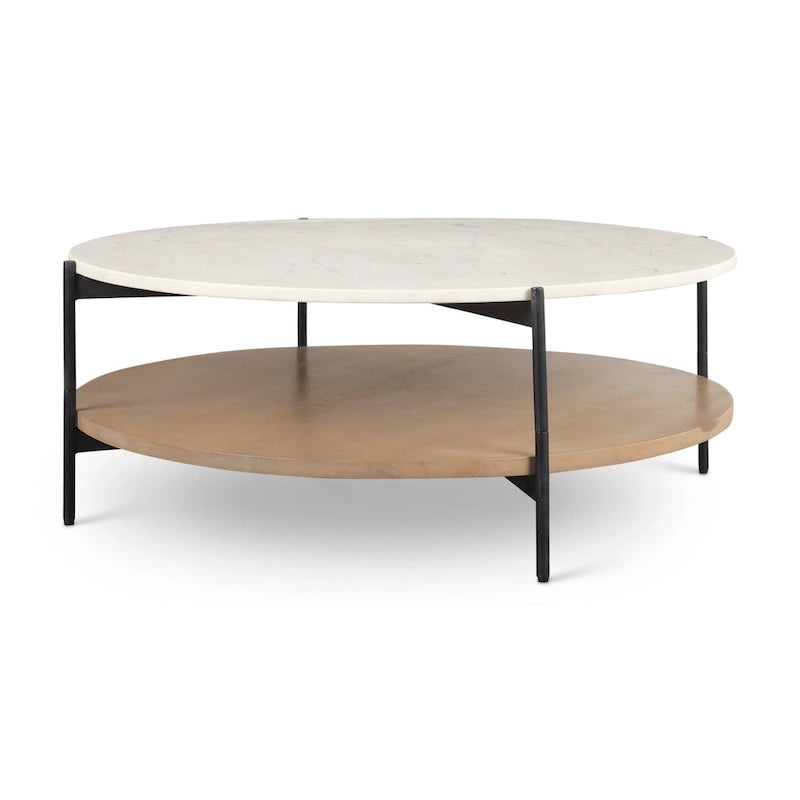 Table basse ronde Larkin à deux niveaux avec plateau en marbre blanc et bois massif