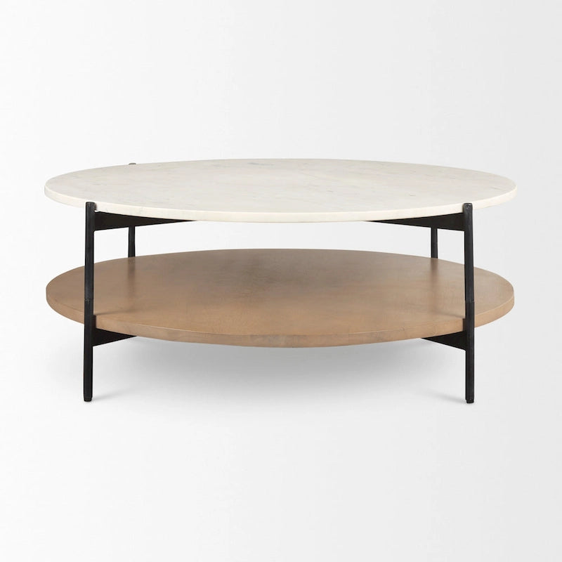 Table basse ronde Larkin à deux niveaux avec plateau en marbre blanc et bois massif