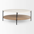 Table basse ronde Larkin à deux niveaux avec plateau en marbre blanc et bois massif