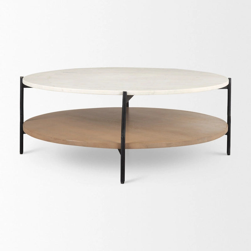 Table basse ronde Larkin à deux niveaux avec plateau en marbre blanc et bois massif