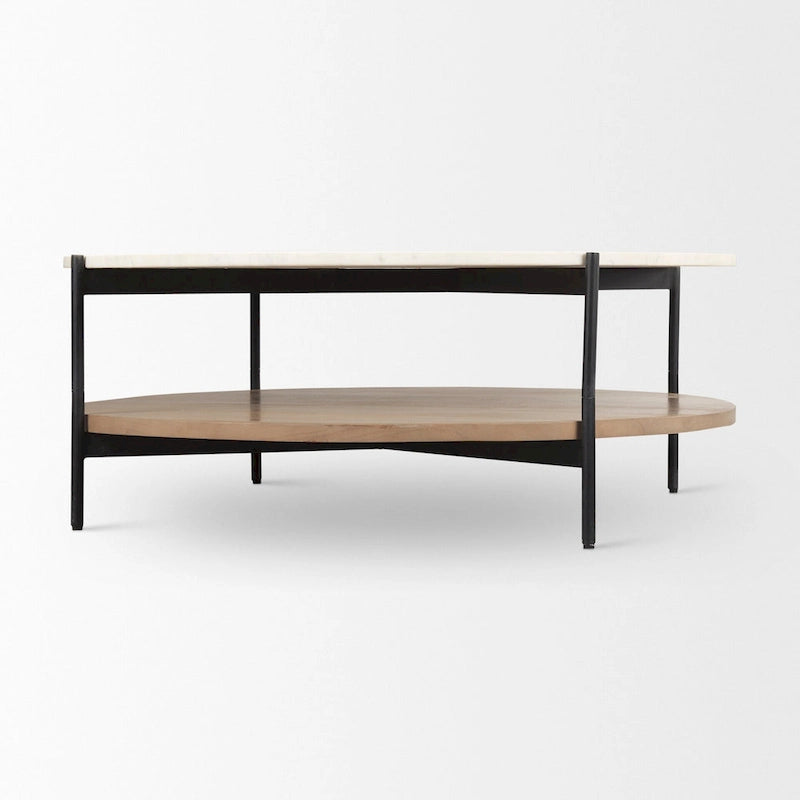 Table basse ronde Larkin à deux niveaux avec plateau en marbre blanc et bois massif