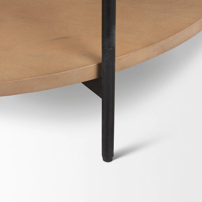 Table basse ronde Larkin à deux niveaux avec plateau en marbre blanc et bois massif