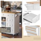 Chariot de cuisine avec rangement et 5 tiroirs, étagère à épices, porte-serviettes, îlot de cuisine mobile roulant avec plateau en bois d'hévéa