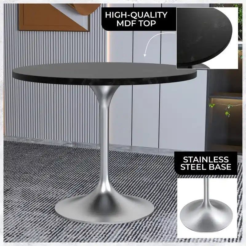 Table à manger ronde de 36 pouces avec plateau en bois MDF et base en chrome brossé