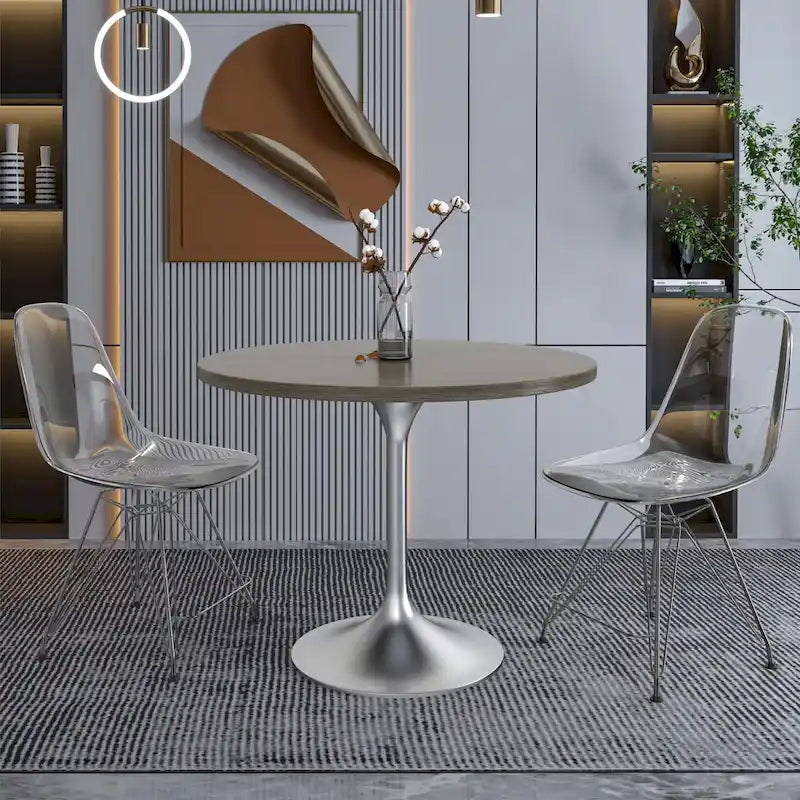 Table à manger ronde de 36 pouces avec plateau en bois MDF et base en chrome brossé