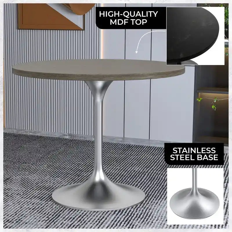 Table à manger ronde de 36 pouces avec plateau en bois MDF et base en chrome brossé