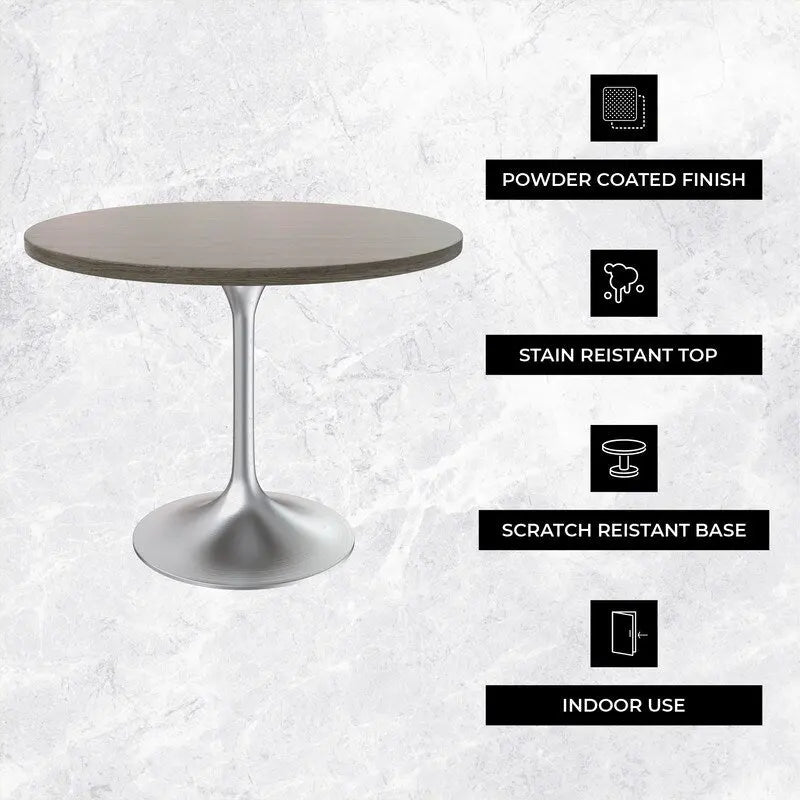 Table à manger ronde de 36 pouces avec plateau en bois MDF et base en chrome brossé