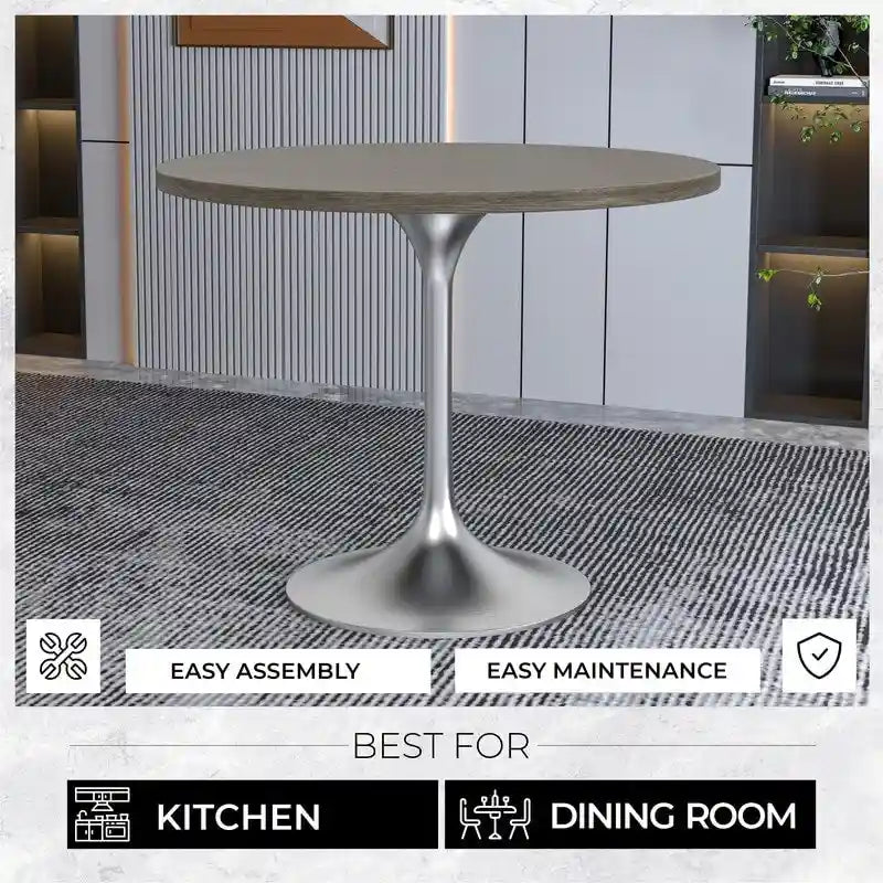 Table à manger ronde de 36 pouces avec plateau en bois MDF et base en chrome brossé