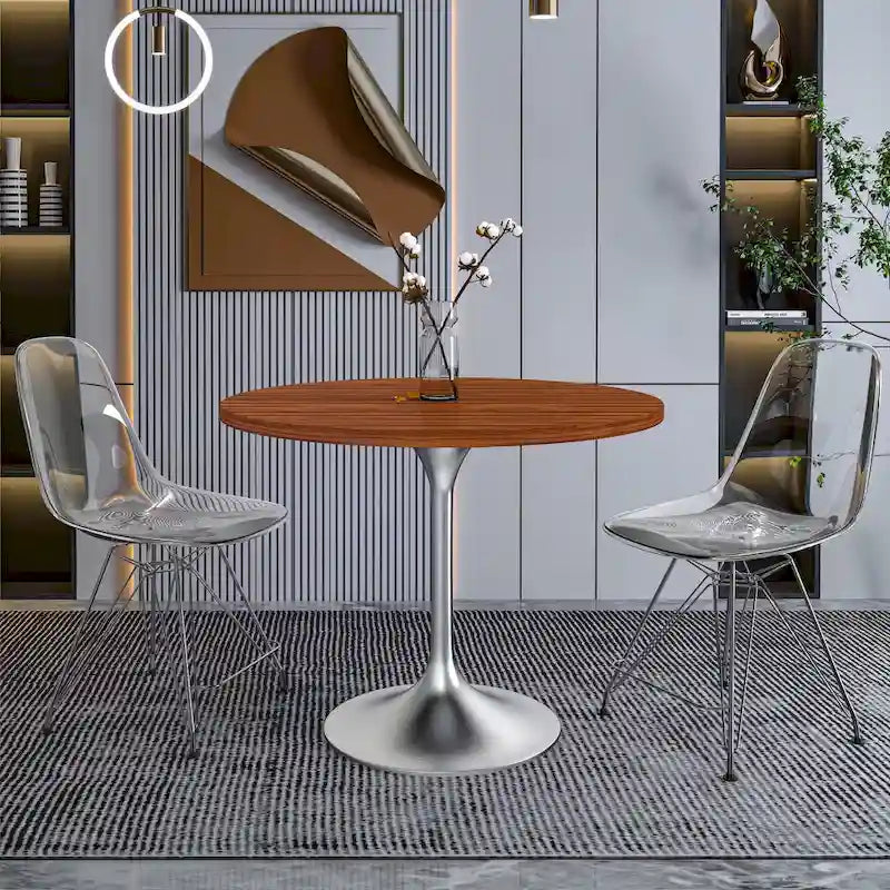 Table à manger ronde de 36 pouces avec plateau en bois MDF et base en chrome brossé