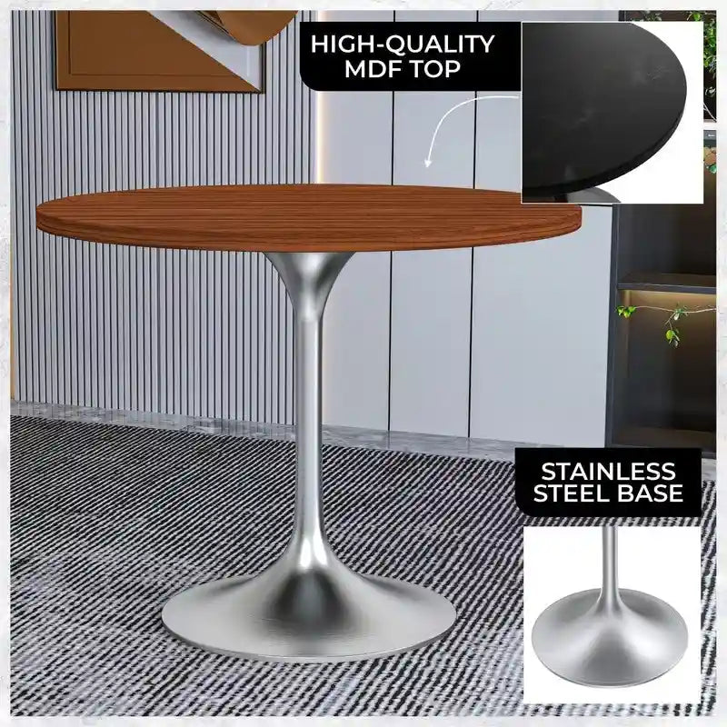 Table à manger ronde de 36 pouces avec plateau en bois MDF et base en chrome brossé