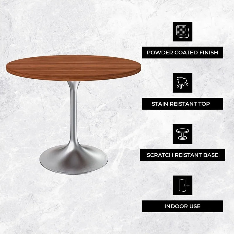 Table à manger ronde de 36 pouces avec plateau en bois MDF et base en chrome brossé