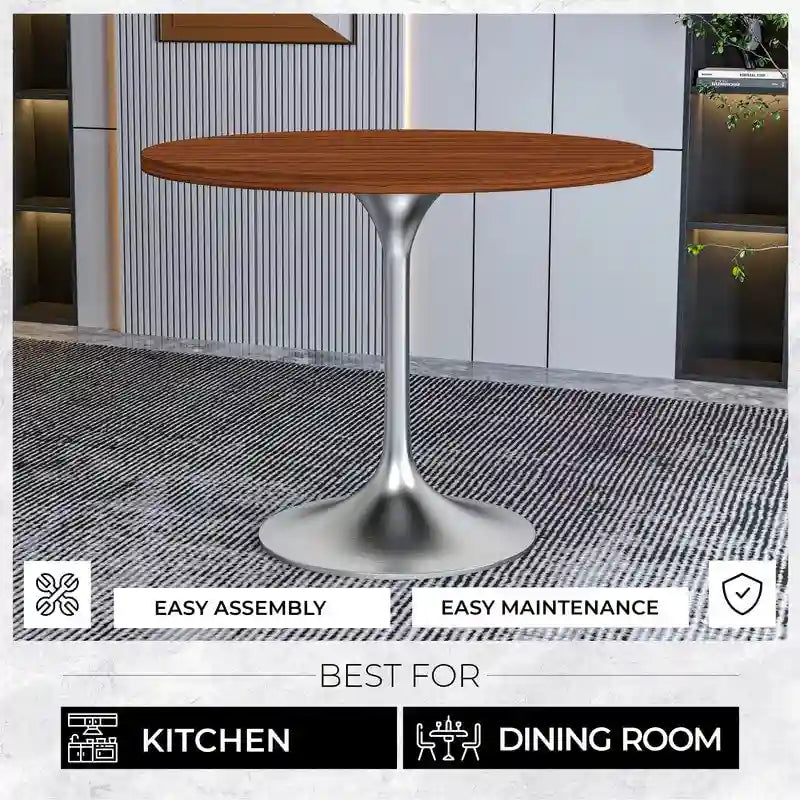 Table à manger ronde de 36 pouces avec plateau en bois MDF et base en chrome brossé