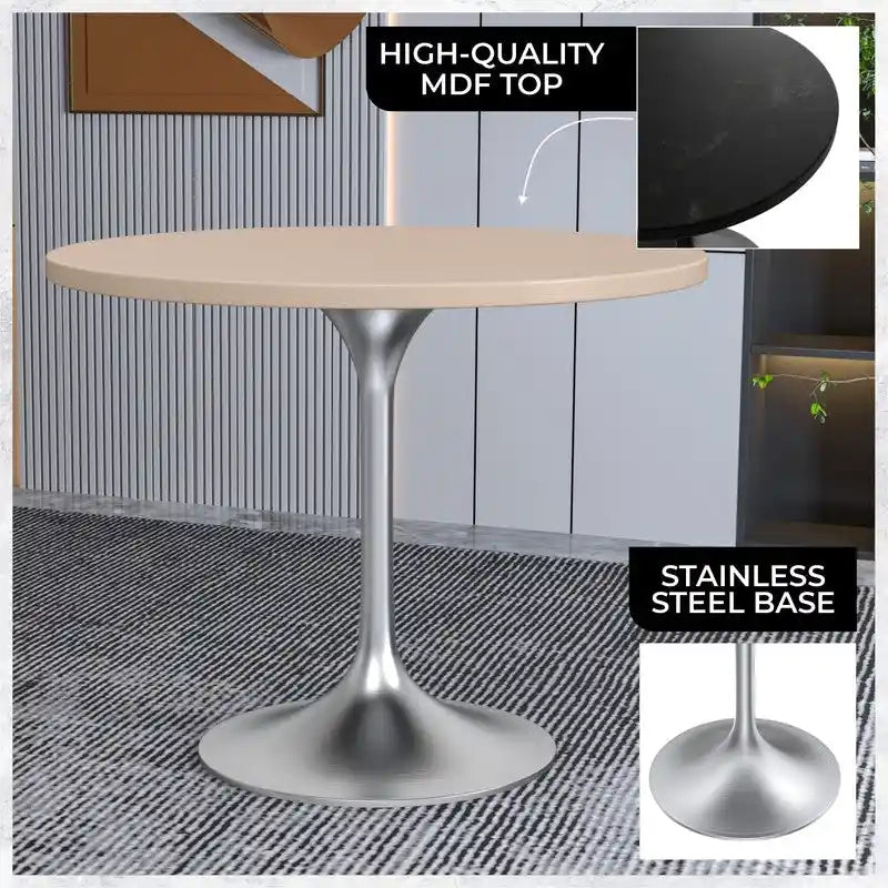 Table à manger ronde de 36 pouces avec plateau en bois MDF et base en chrome brossé