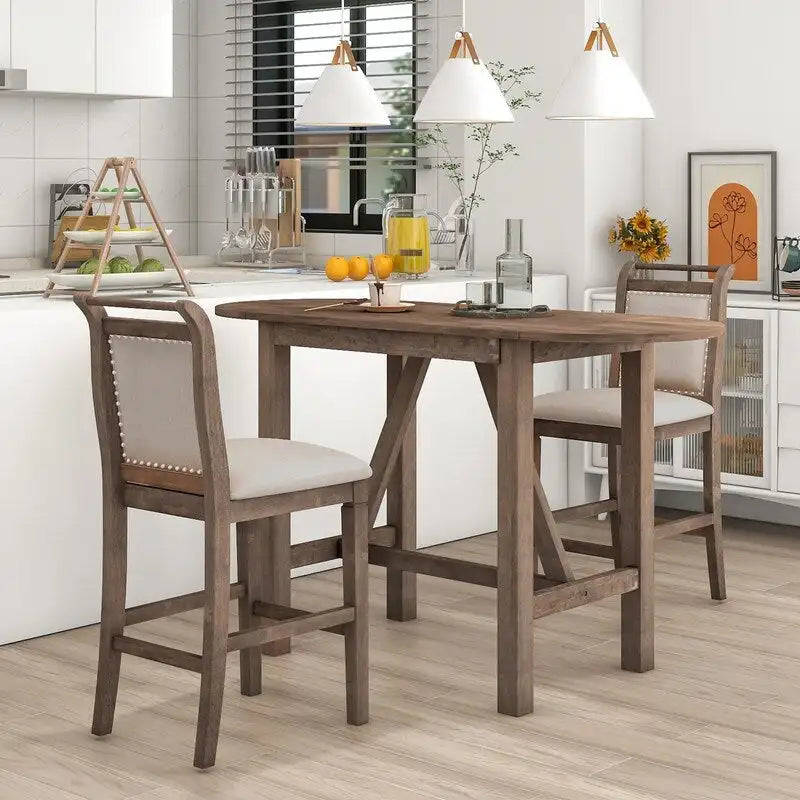 Table à manger en bois hauteur comptoir avec rallonge à rabat et chaises rembourrées