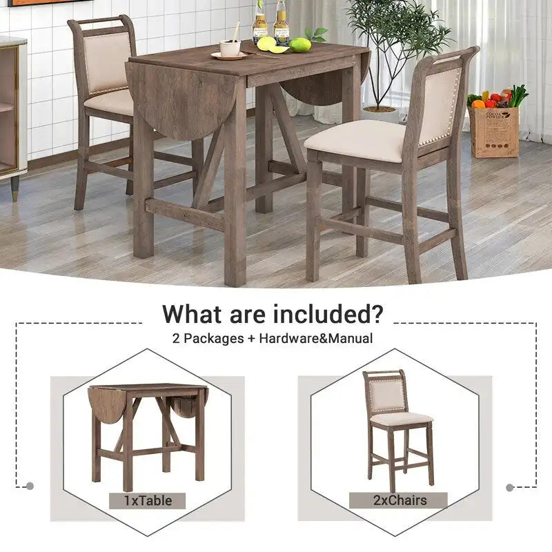 Table à manger en bois hauteur comptoir avec rallonge à rabat et chaises rembourrées