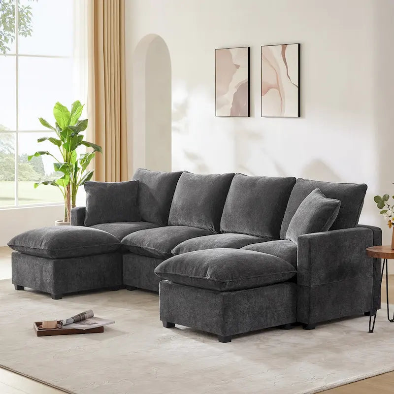 Canapé modulaire moderne 6 places en U avec 2 oreillers