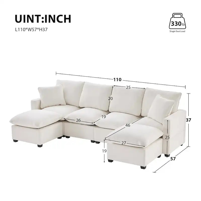 Canapé modulaire moderne 6 places en U avec 2 oreillers