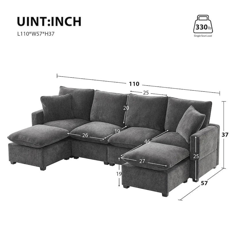 Canapé modulaire moderne 6 places en U avec 2 oreillers