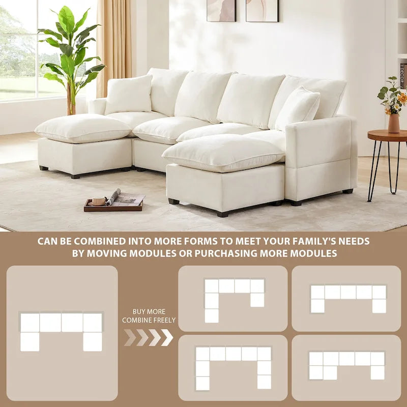 Canapé modulaire moderne 6 places en U avec 2 oreillers