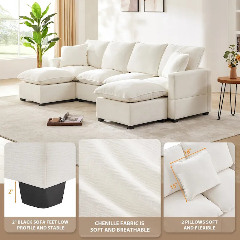 Canapé modulaire moderne 6 places en U avec 2 oreillers