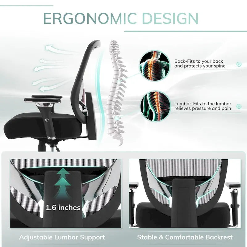 Fauteuil de bureau ergonomique en maille grande taille et extra-robuste, 227 kg, avec siège large et épais