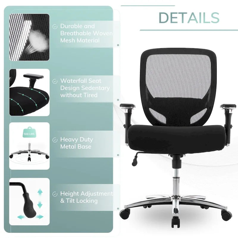 Fauteuil de bureau ergonomique en maille grande taille et extra-robuste, 227 kg, avec siège large et épais