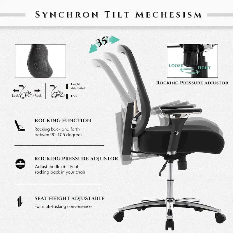 Fauteuil de bureau ergonomique en maille grande taille et extra-robuste, 227 kg, avec siège large et épais
